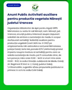 Activități auxiliare pentru producția vegetală în comuna Nănești, Vrancea, publicate de Organizația Utilizatorilor de Apă pentru Irigații.