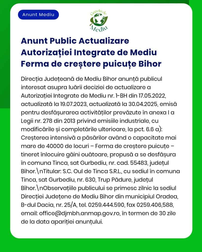 APM Bihor anunță actualizarea autorizației de mediu pentru o fermă de prepelițe, cu detalii despre modificările recente și viitoare.