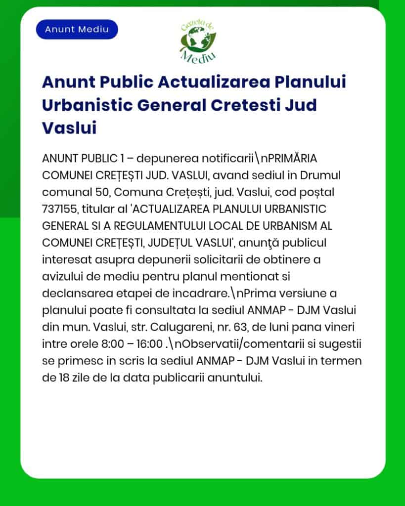 Actualizare publică a Planului Urbanistic din Crețești, Vaslui.