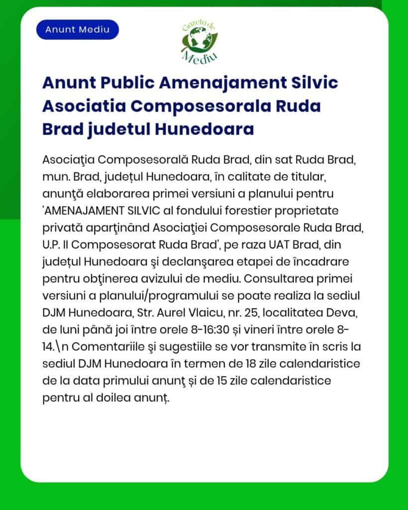 Primul plan de amenajare silvic al Asociatiei Composesorale Ruda Brad în județul Hunedoara.
