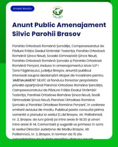 Anunț privind amenajament silvic pentru parohiile ortodoxe din zona Brașov, cu detalii despre organizațiile implicate.