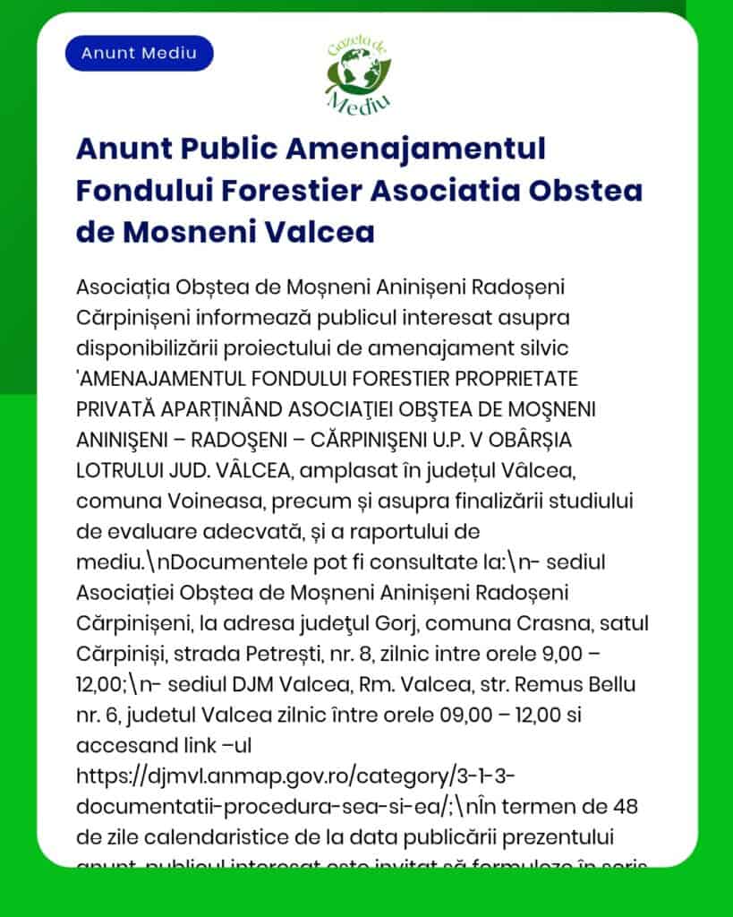 Informații despre amenajamentul fondului forestier pentru Asociația Obștea de Moșneni Anișineni Rădoșeni.