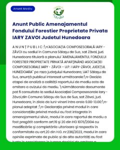 Anunț privind amenajarea fondului forestier privat IARY-ZĂVOI în Sălașu de Sus, Hunedoara, cu detalii despre proiect.