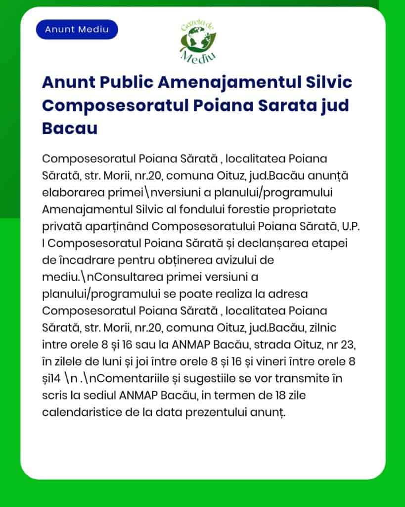 Anunț privind faza de elaborare a planului de management forestier pentru Poiana Sărată, județul Bacău.