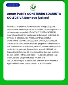 Anunț despre proiect de locuințe în Bârnova, Iași, cu detalii privind evaluarea de mediu.