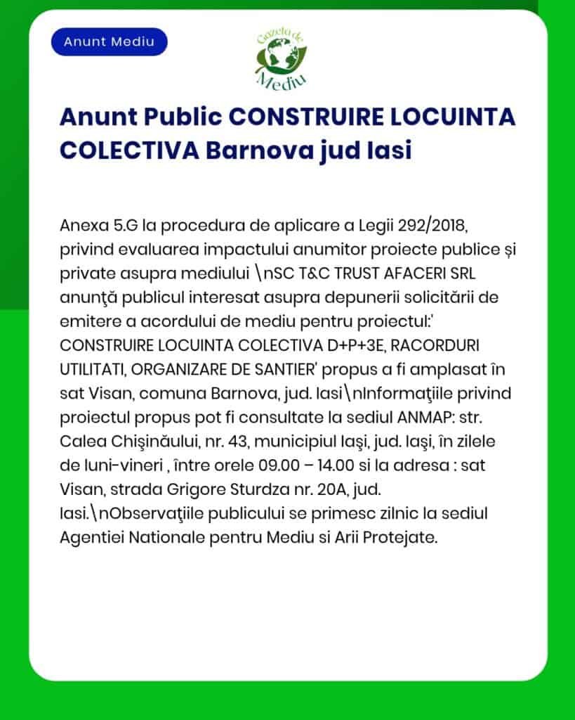 Anunț despre proiect de locuințe în Bârnova, Iași, cu detalii privind evaluarea de mediu.