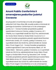 Anunț despre Conferința II privind managementul forestier în Covasna, cu proiecte de silvicultură și organizații implicate.