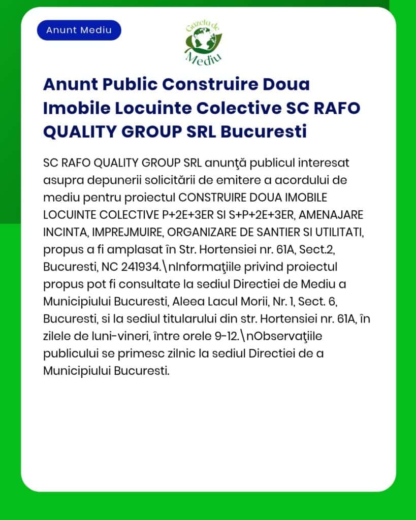 Proiect imobiliar propus de SC RAFO QUALITY GROUP SRL pentru construcție în București, detalii la biroul de informații al Primăriei.