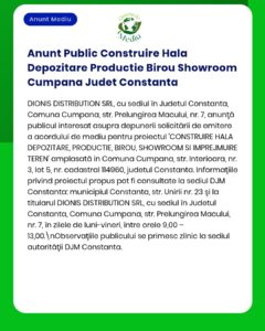 Anunț privind autorizația de construire pentru depozit, birouri și showroom în Cumpăna, Constanța, cu detalii proiect.