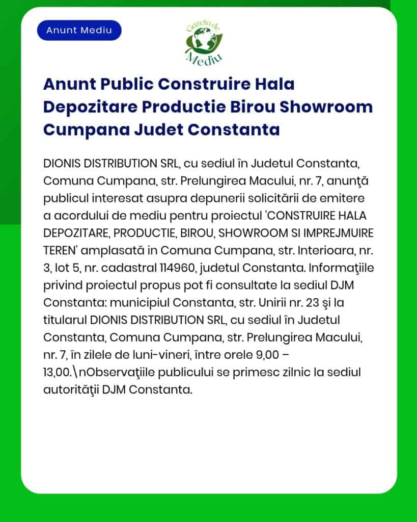 Anunț privind autorizația de construire pentru depozit, birouri și showroom în Cumpăna, Constanța, cu detalii proiect.
