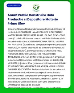 Anunț privind construcția și depozitarea materiilor prime în Ilfov, titular proiect, proceduri și impact de mediu relevante.
