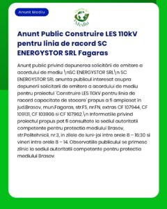 Detalii proiect pentru construcția unei linii de legătură 110kV de către SC ENERGYSTOR SRL Făgăraș, cu locații menționate.