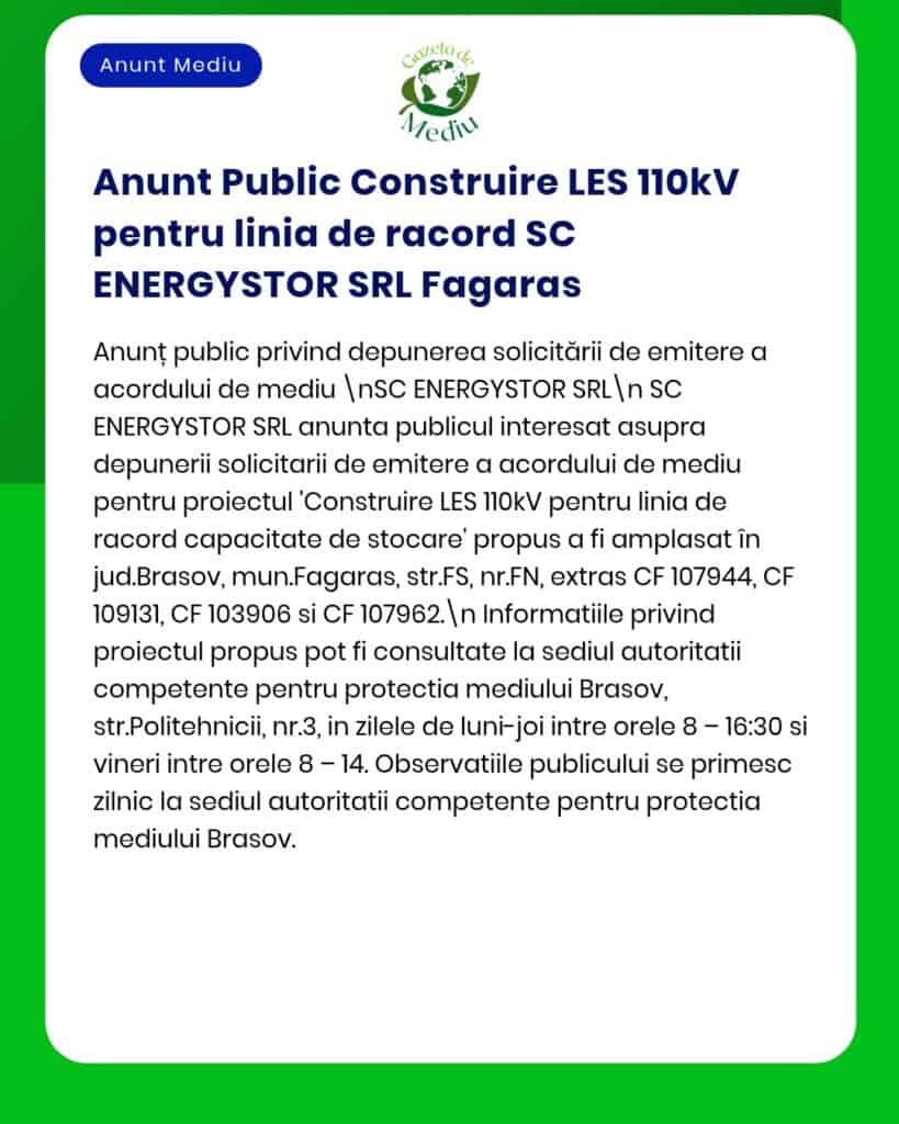 Detalii proiect pentru construcția unei linii de legătură 110kV de către SC ENERGYSTOR SRL Făgăraș, cu locații menționate.