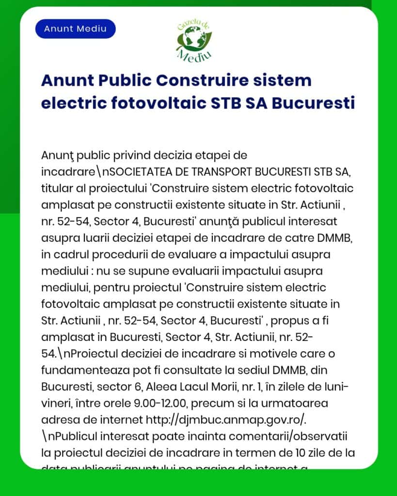 Informare despre construirea unui sistem electric fotovoltaic la STB SA în București și procedura de evaluare de mediu APM.
