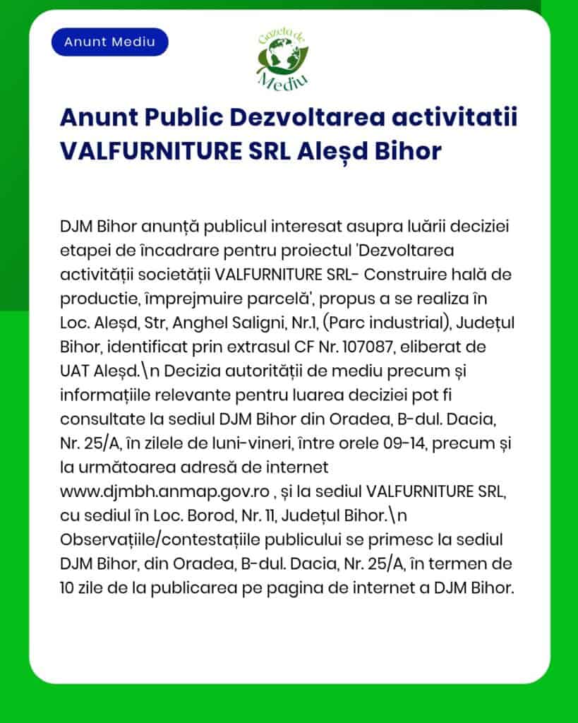 Anunț privind proiectul de construcție VALFURNITURE SRL în Aleșd, Bihor, realizat de DJM Bihor, cu informații despre proceduri.