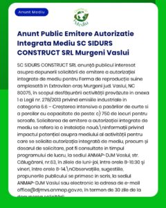 Cerere aviz mediu depusă de SC SIDURS CONSTRUCT SRL pentru fermă piscicolă în Vaslui, România, cu referințe legale.