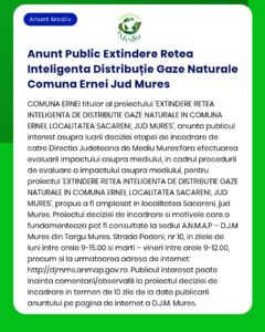 Proceduri de evaluare pentru extinderea rețelei de distribuție gaze naturale în localitatea Săcăreni, Comuna Ernei.