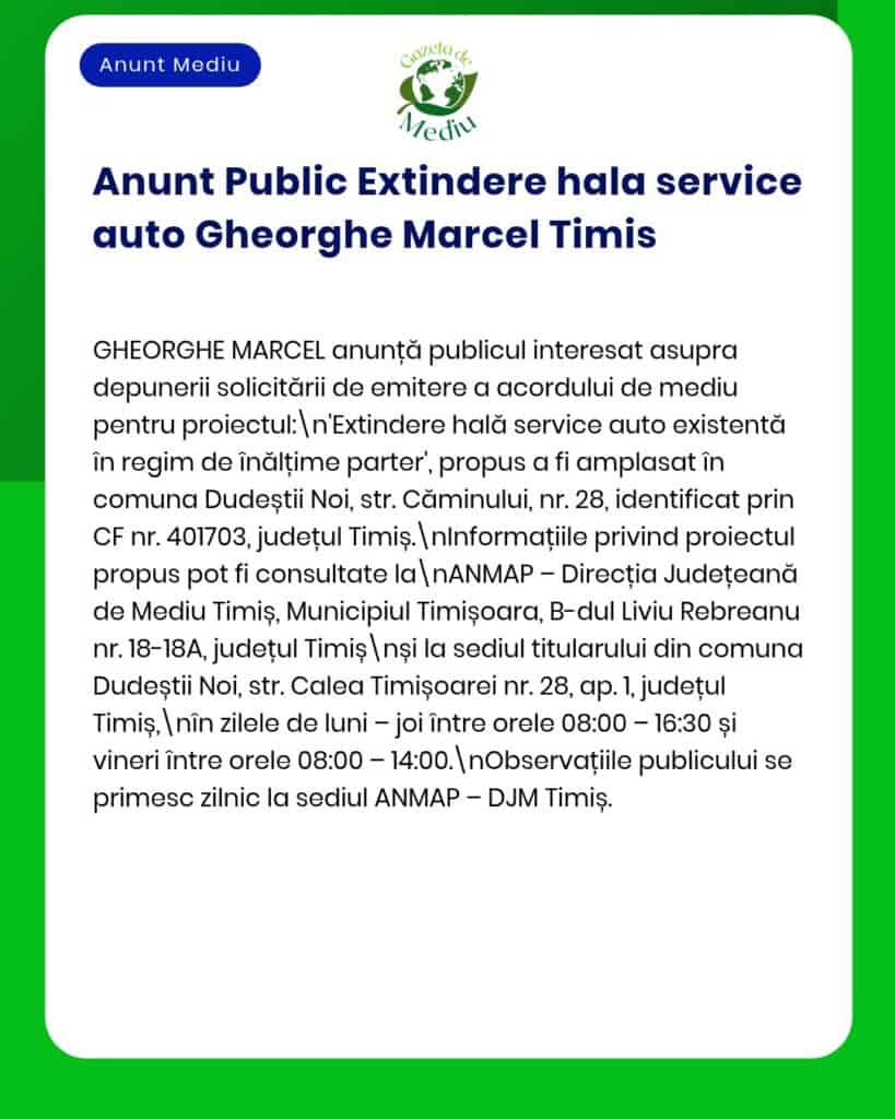 Anunț privind extinderea serviciului de sală existent în Dudeștii Noi, județul Timiș.