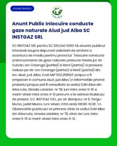 Înlocuire conducte gaze naturale în Alba de către SC INSTGAZ SRL, cu detalii despre străzi afectate și întreruperi programate.