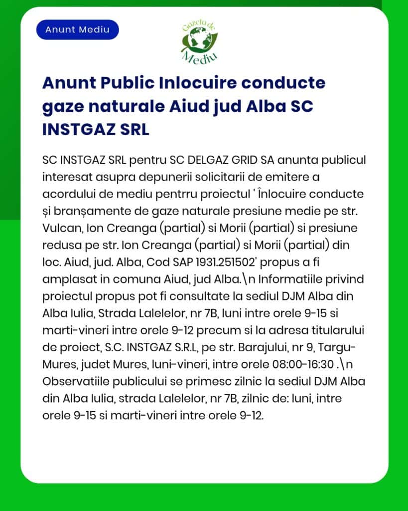 Înlocuire conducte gaze naturale în Alba de către SC INSTGAZ SRL, cu detalii despre străzi afectate și întreruperi programate.