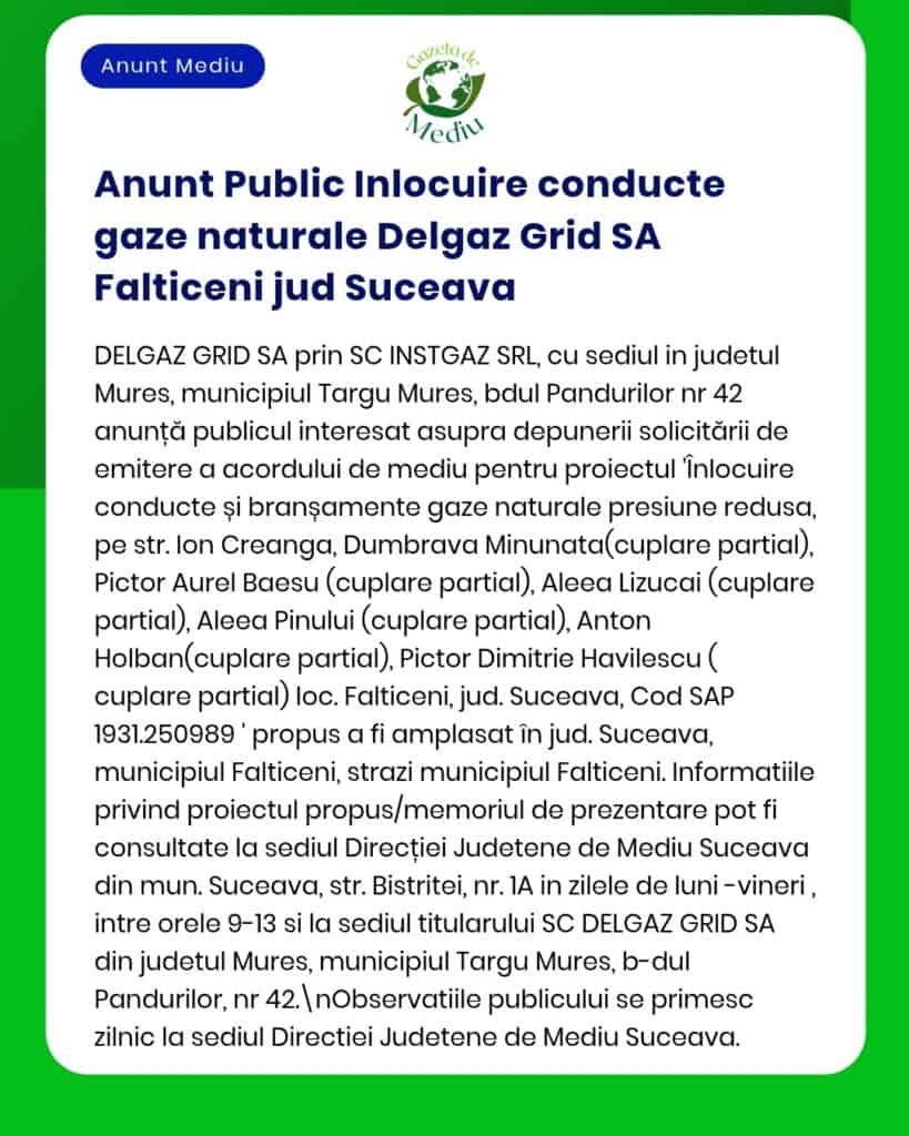 Relocare conducte gaze naturale pentru Delgaz Grid SA în Fălticeni, Suceava, cu detalii despre străzile afectate.