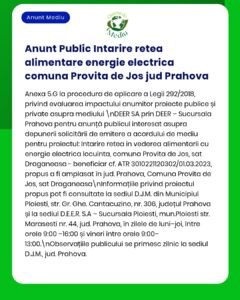 Anunț privind întărirea rețelei electrice în Provita de Jos, Prahova, cu detalii despre proiect.