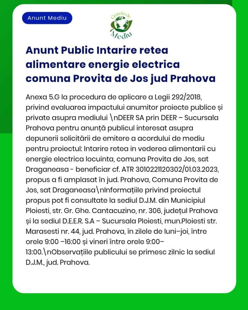 Anunț privind întărirea rețelei electrice în Provita de Jos, Prahova, cu detalii despre proiect.