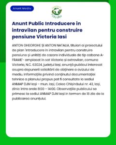 Anunț privind intenția de construire a unei case de oaspeți tip A-frame în Victoria, Iași, supusă evaluării APM.