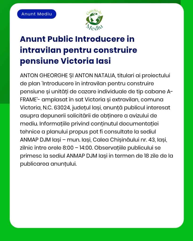 Anunț privind intenția de construire a unei case de oaspeți tip A-frame în Victoria, Iași, supusă evaluării APM.