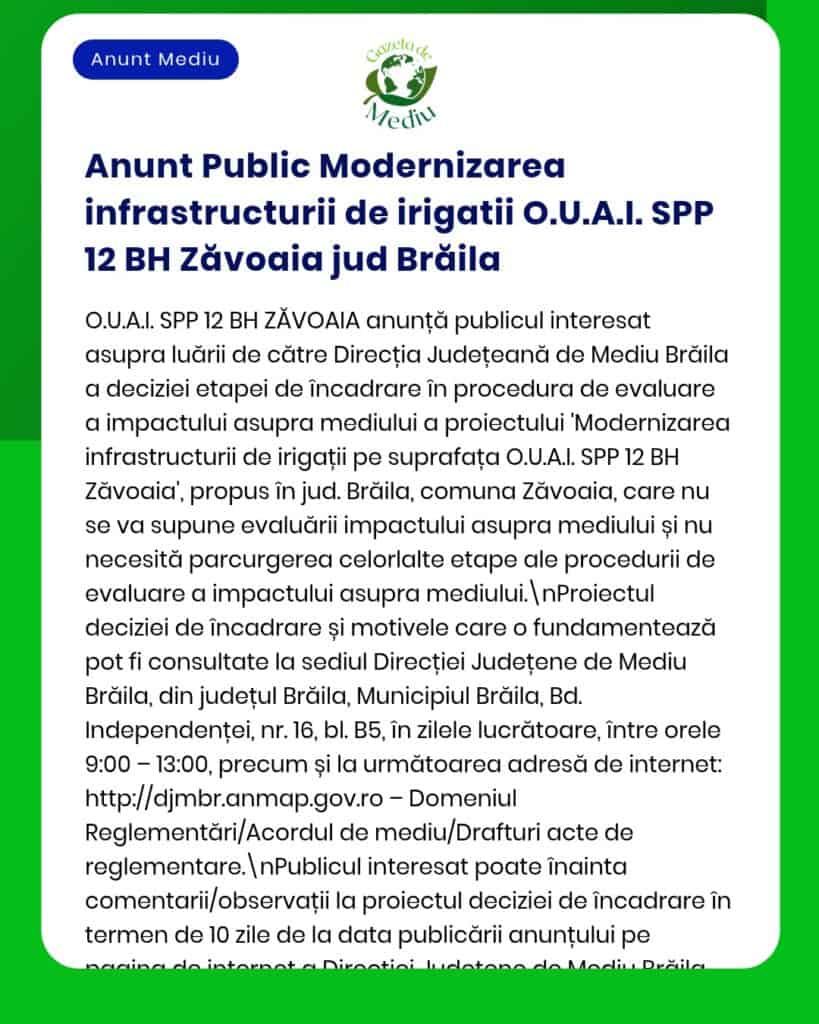Proiect de modernizare infrastructură irigații în județul Brăila, evaluarea impactului asupra mediului de către APM.