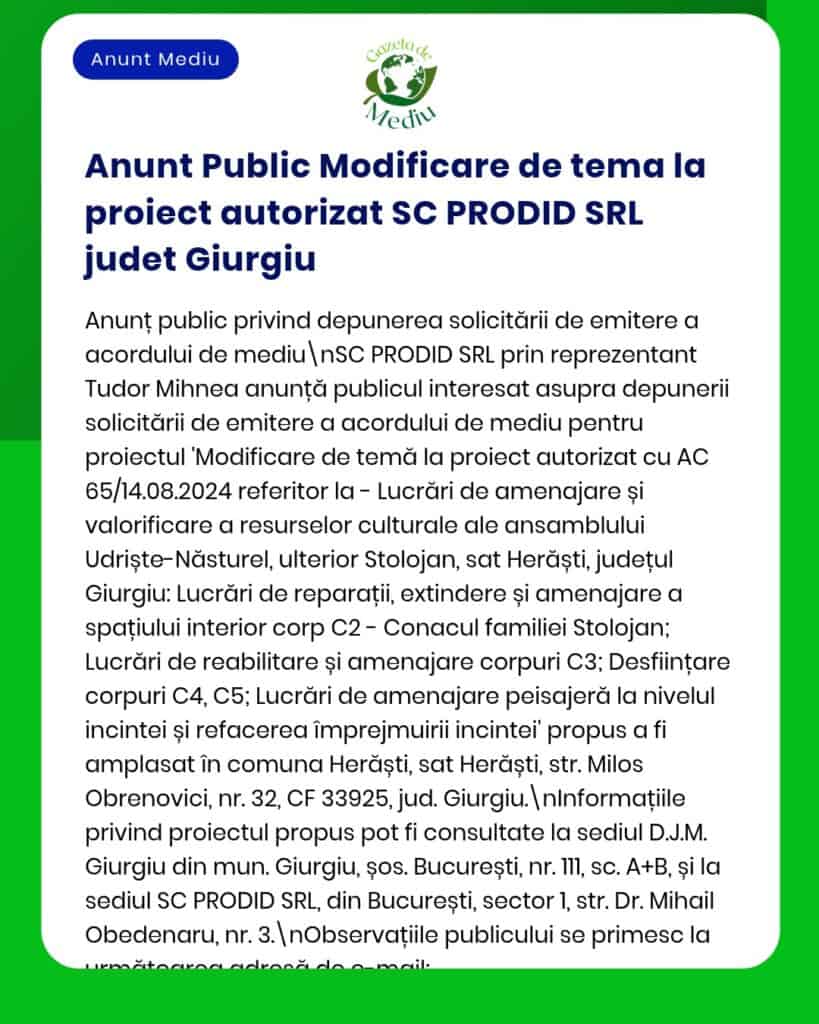 Solicitare modificare acord de mediu pentru un proiect din județul Giurgiu, cu detalii despre părțile implicate și proiect.