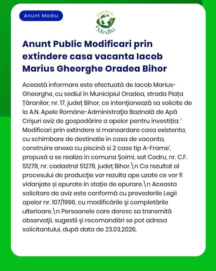 Anunț despre modificări de extindere la casa de vacanță a lui Marius Gheorghe din Oradea, Bihor, cu detalii proiect.