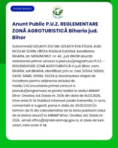 Anunț privind planul de reglementare a zonei de agrement agrituristic din Biharia, județul Bihor.