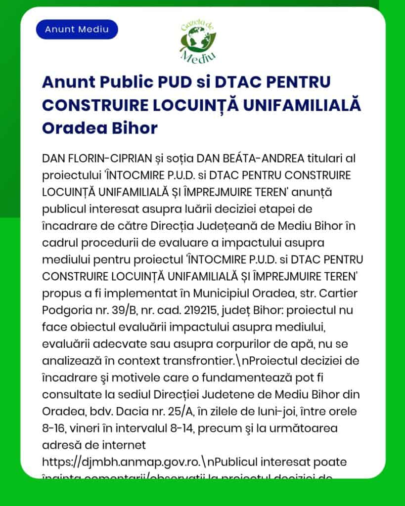 Anunț privind procedurile de urbanism și acord de mediu pentru proiect rezidențial în Oradea, județul Bihor.