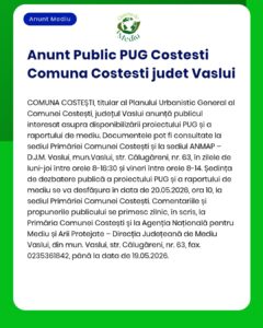 Anunț privind disponibilitatea Planului Urbanistic, comuna Costești, județul Vaslui; ședință pe 20 mai 2026.