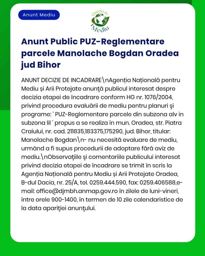 Anunț privind reglementarea PUZ pentru terenuri în Oradea, județul Bihor, emis de APM.
