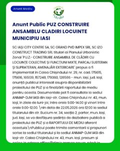 Anunț despre proiect de construcții locuințe în Iași, cu locații, numere proiect și date relevante.