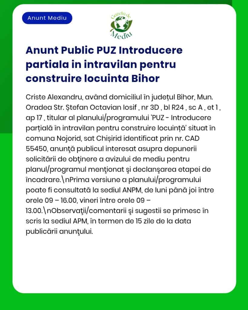 Anunț privind introducerea parțială a unui PUZ în județul Bihor, cu detalii despre procedura de depunere.