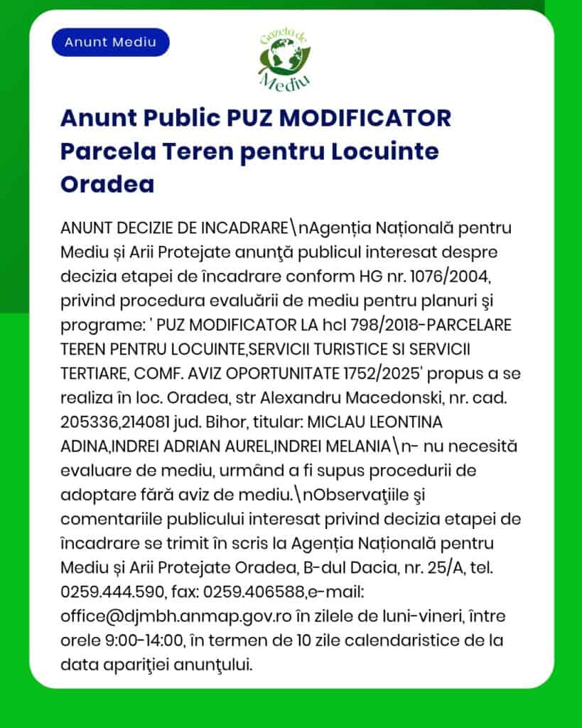 Decizie privind modificarea de zonare pentru un teren rezidențial din Oradea, emisă de APM.