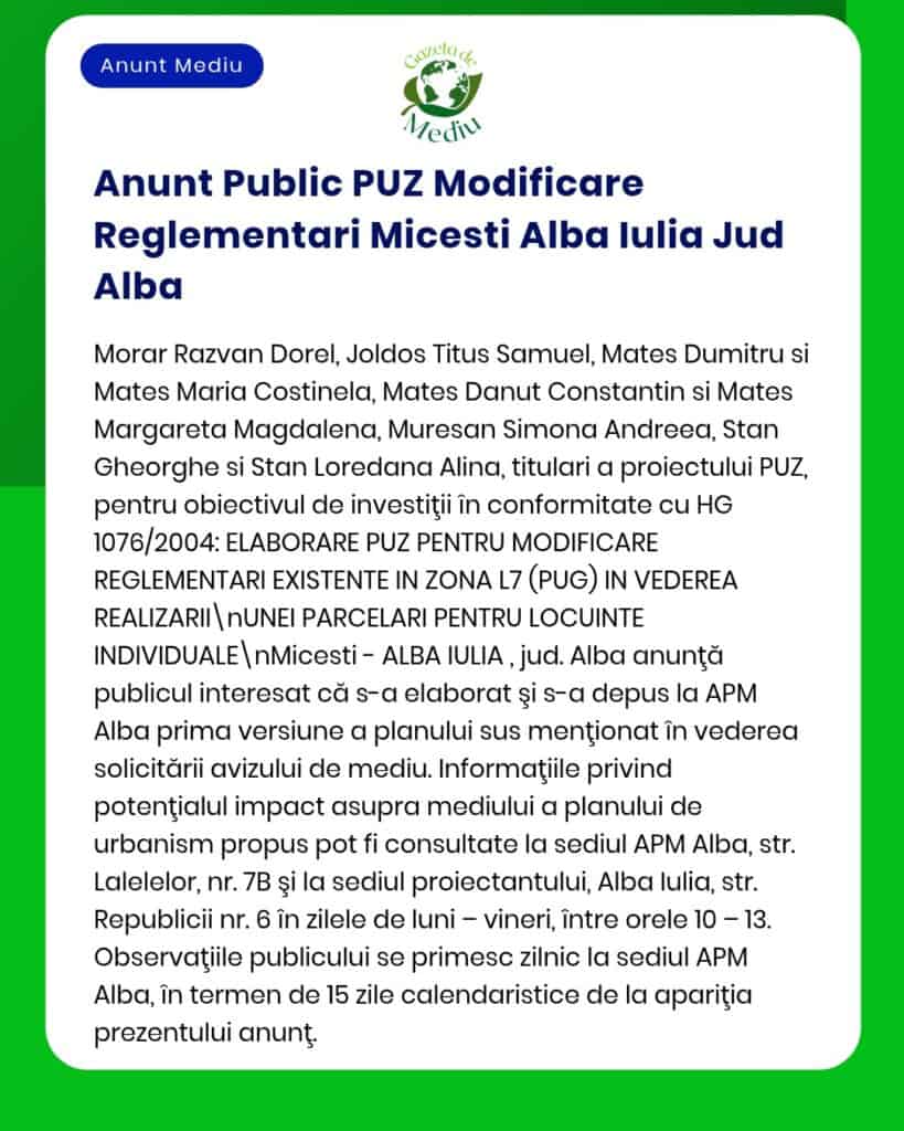 Anunț privind modificări PUZ Alba Iulia, cu listă de nume și proceduri pentru planuri urbanistice și loturi locuințe individuale.
