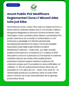 Anunț privind modificările propuse la reglementările de zonare pentru zona L7 Micesti Alba Iulia, cu părți implicate și referințe.