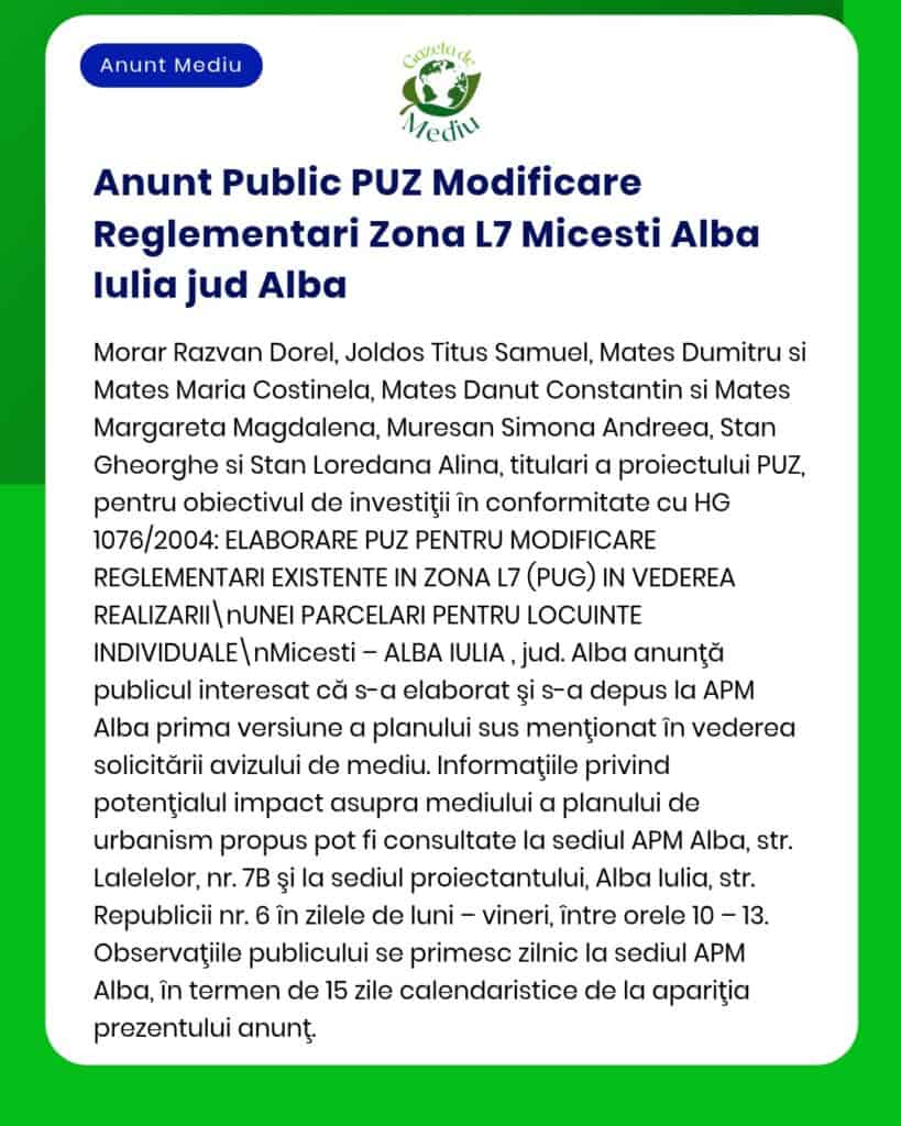 Anunț privind modificările propuse la reglementările de zonare pentru zona L7 Micesti Alba Iulia, cu părți implicate și referințe.