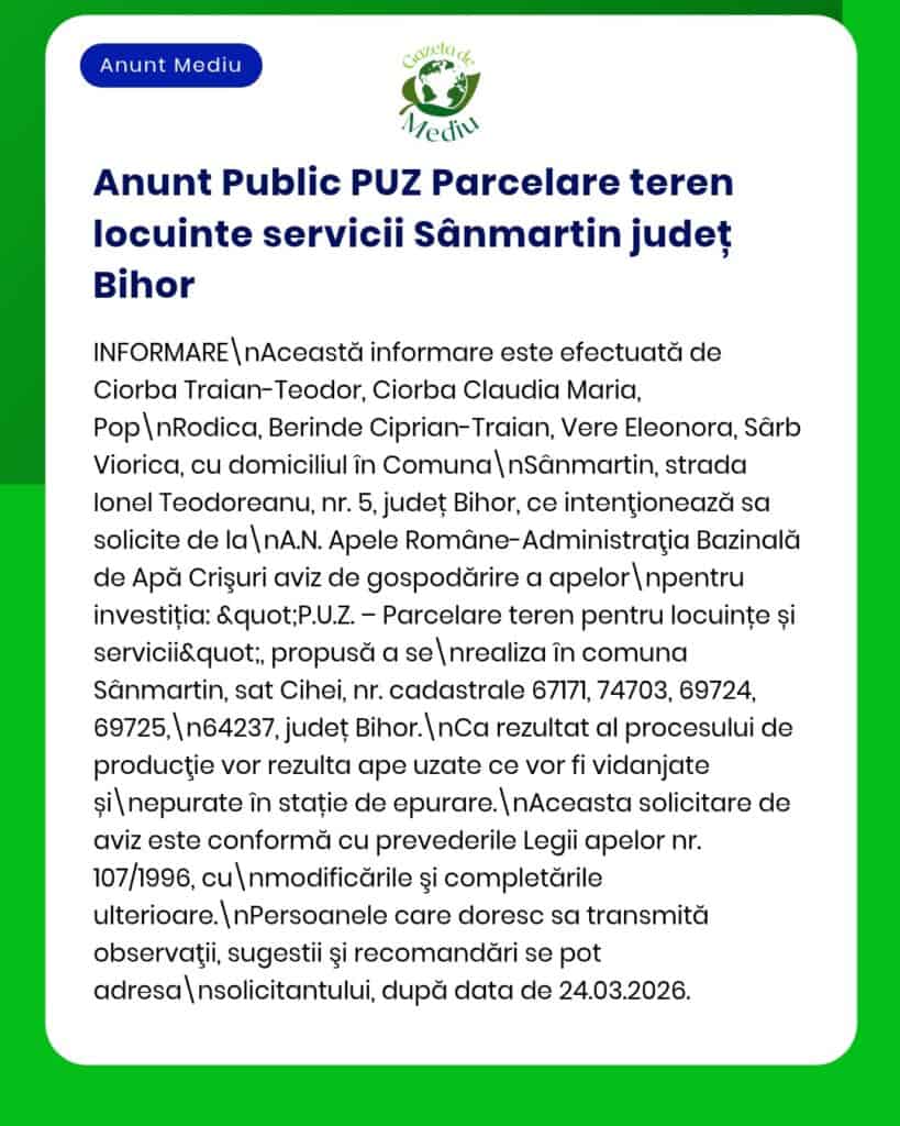 Anunț privind PUZ pentru parcele și locuințe în Sânmartin, județul Bihor.