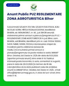 Document privind reglementarea PUZ pentru Zona Agroturistică din Bihor, descriind proceduri de consultare și planificare.
