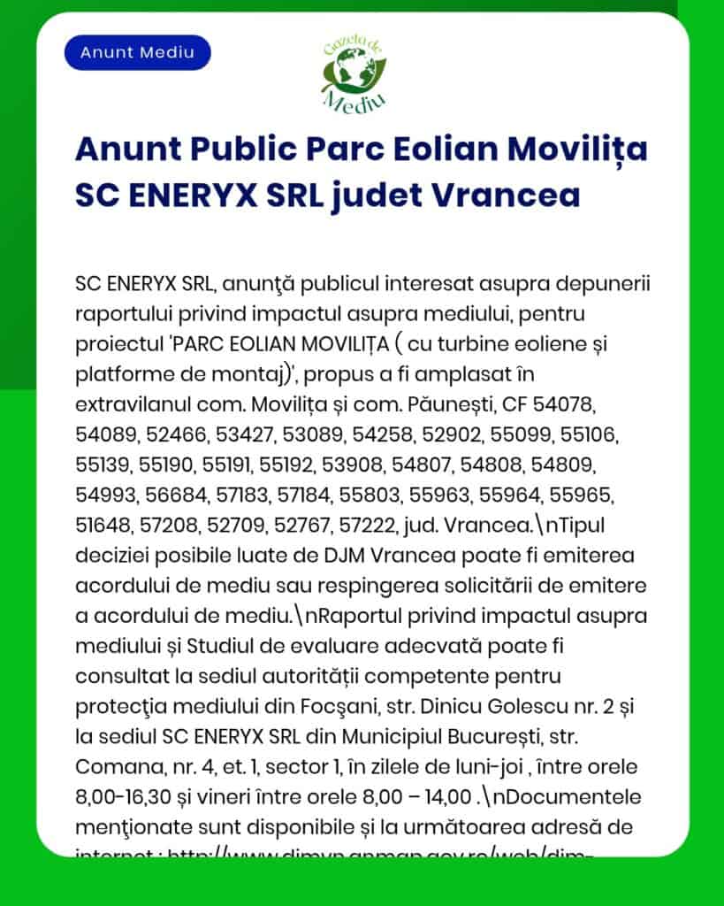 Depunere solicitare acord de mediu pentru parc eolian SC ENERYX SRL, cu detalii despre amplasament și procedură.