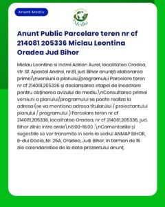 Anunț privind terenurile publice din Oradea, Bihor și cereri de acorduri de mediu, cu detalii despre adrese și termene.