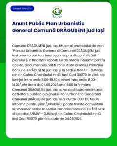 Disponibilitate Raport Plan Urban pentru Drăgușeni, Iași. Documentele pot fi consultate conform anunțului.