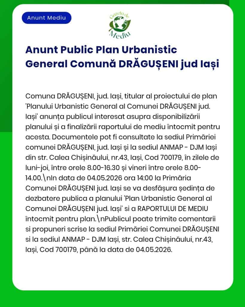 Disponibilitate Raport Plan Urban pentru Drăgușeni, Iași. Documentele pot fi consultate conform anunțului.