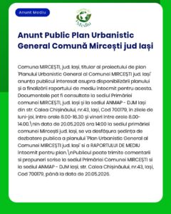 Plan Urbanistic General Mircești, Iași; afiș cu locații pentru consultarea documentelor și date calendaristice relevante.