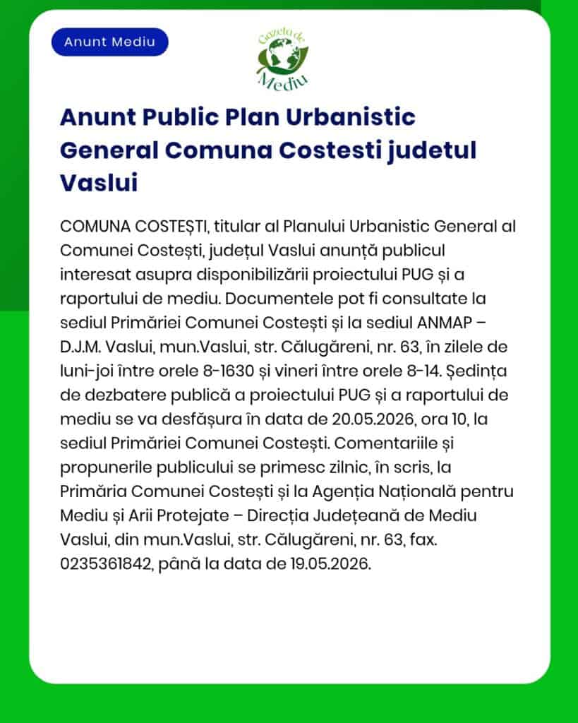 Anunț privind Planul Urbanistic al municipiului Costești; informații despre acces și discutarea documentației proiectului.